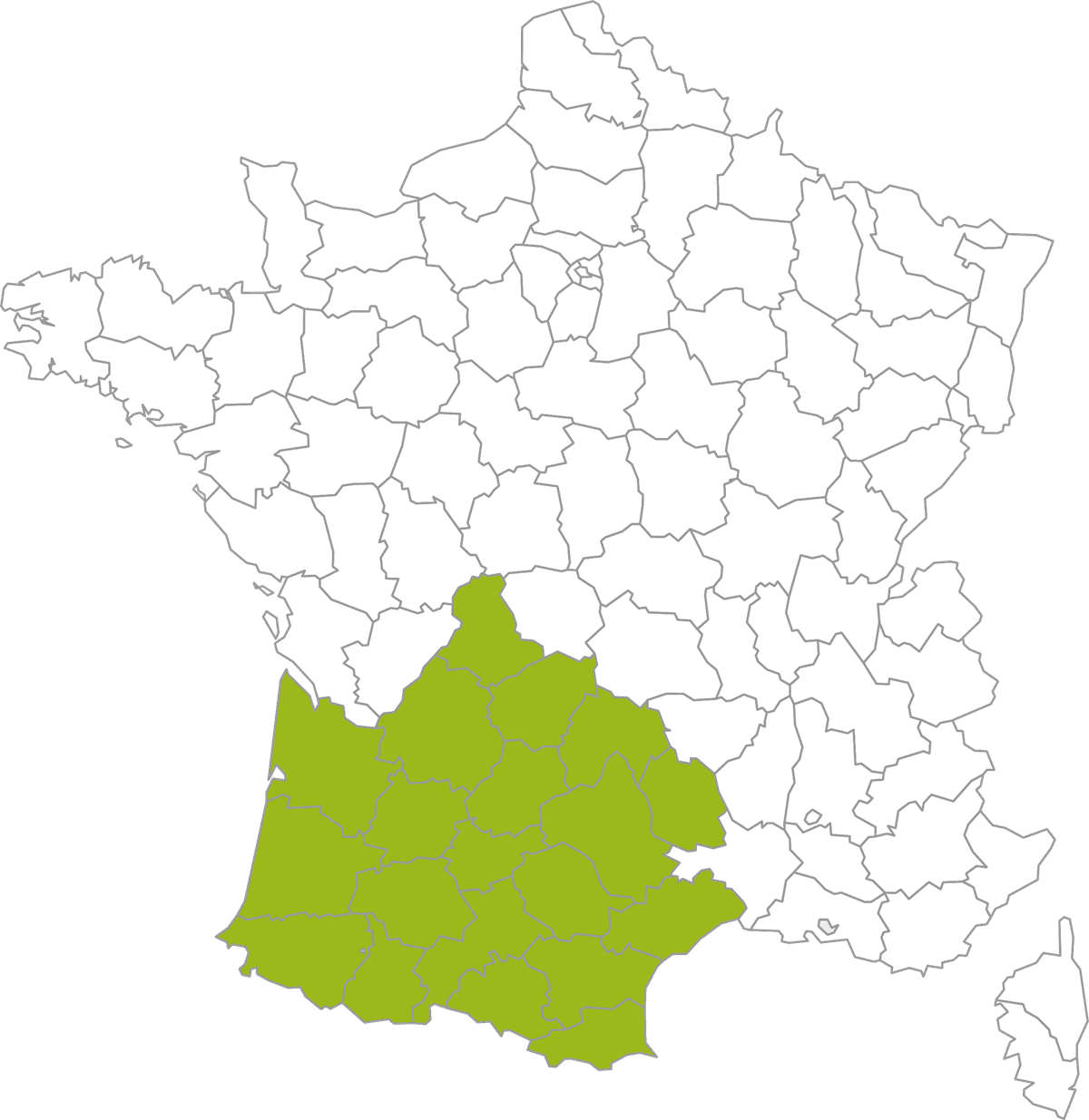 Carte de France : zone d'intervention en Occitanie et Nouvelle-Aquitaine