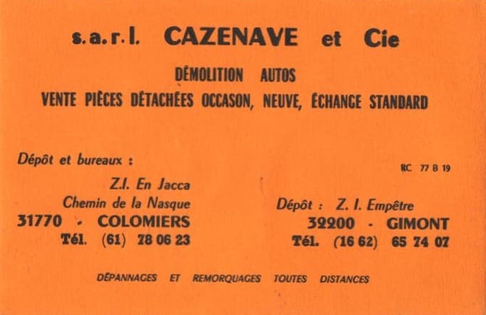 Carte de visite de la s.a.r.l. Cazenave et Cie, Colomiers et Gimont